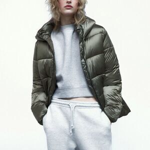 Zara Hooded Pocketed Lightweight Puffer Jacket Taupe Grey Large NWT